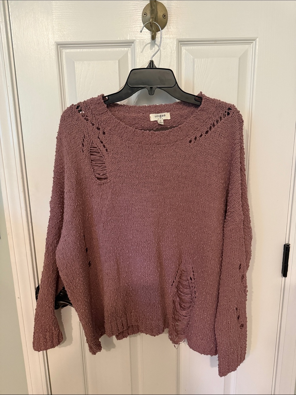 Umgee Dusty Mauve Distressed Crewneck Sweater